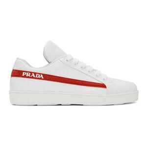Prada Band White Red Stripe Logo Lace Up Tie Flat Low Top Trainer Sneaker 36.5